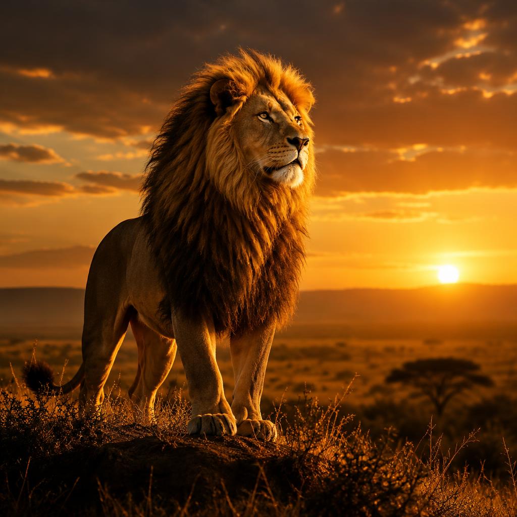 Lion solitaire au coucher du soleil