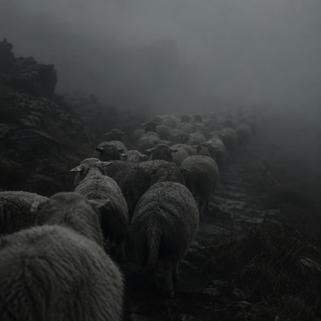 Troupeau de moutons dans le brouillard